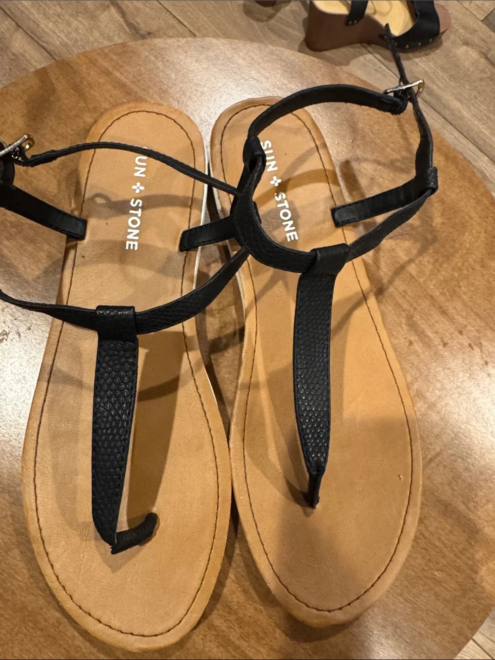 Sun + Stone Black T-Strap Sandals with Tan Footbed worn once women’s size 9.5